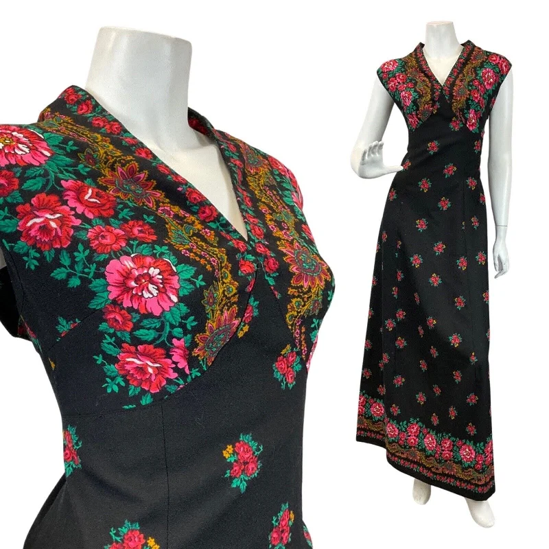 VINTAGE 60s 70s BLACK PINK GOLD GREEN FLORAL PEONY BOHO FOLK MAXI DRESS 14 16