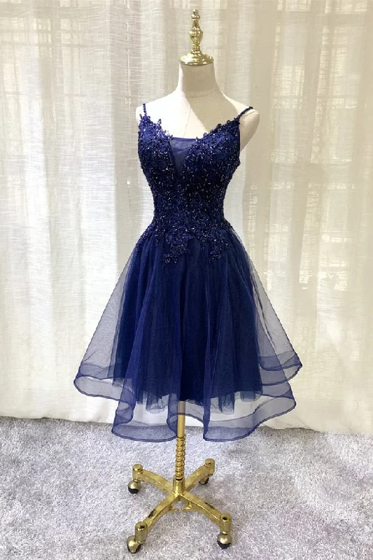 Navy Blue V-Neckline Tulle Short Homecoming Dress, Lace Applique Short Party Dress   cg13782