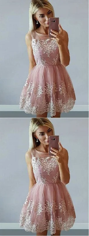 Pink Lace Sleeveless A Line Cocktail Dresses Cheap Homecoming Dresses   cg14035