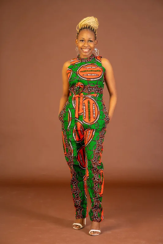 Maggie Ankara Jumpsuit | Green and Orange African Print