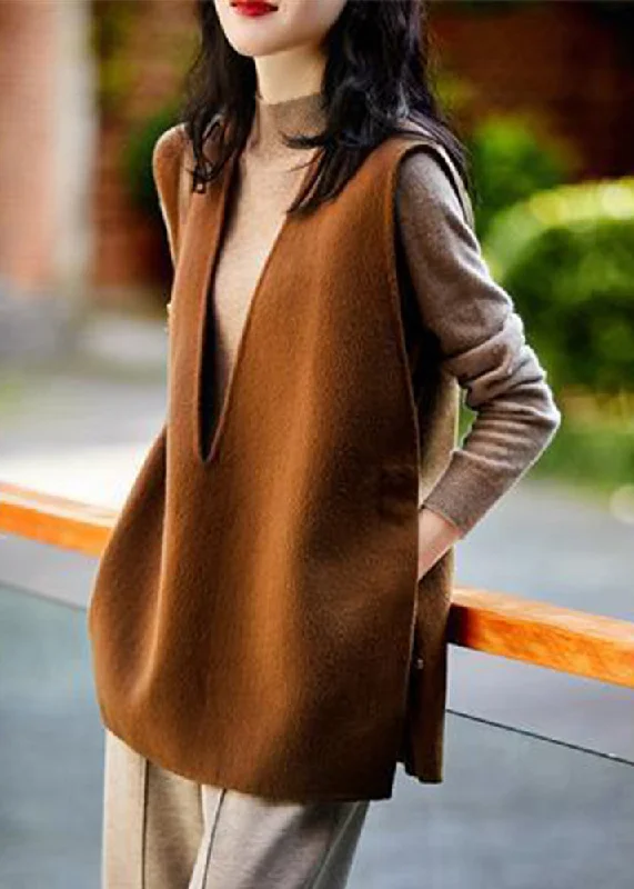 Elegant Brown Chocolate side open Button V Neck Woolen Vest Sleeveless