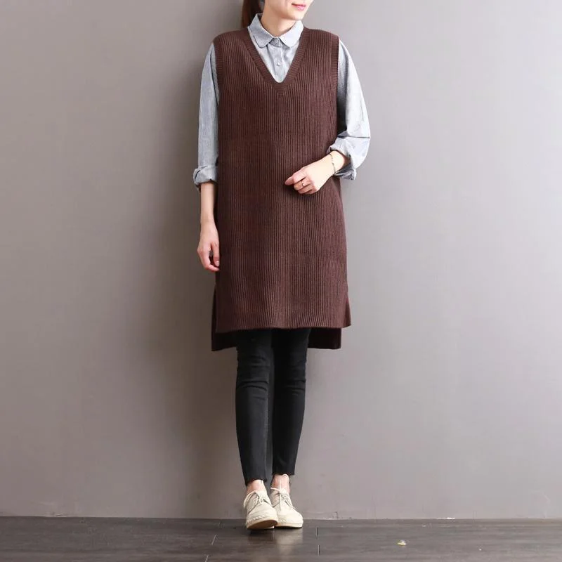 khaki fashion v neck cotton knit blouse low high loose waistcoats