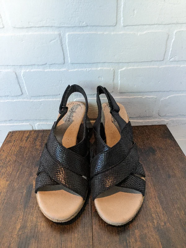 Chic and stylish women's shoes for fashion-conscious womenBlack Sandals Heels Wedge Clarks, Size 9 Chic and stylish women's shoes for fashion-conscious womenBlack Sandals Heels Wedge Clarks, Size 9