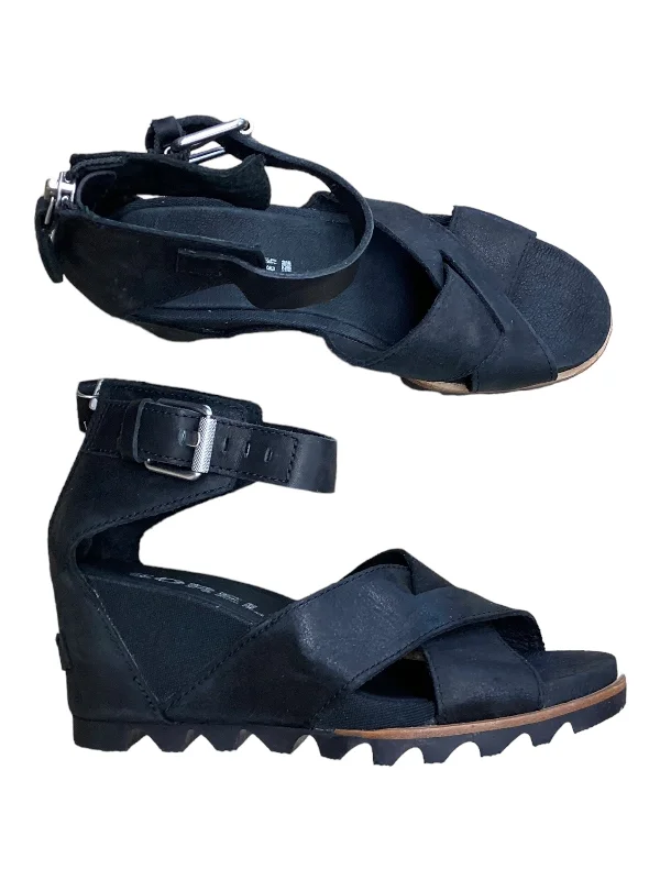 Bold and statement-making women's shoes for the bold and beautifulBlack Sandals Heels Wedge Sorel, Size 7.5 Bold and statement-making women's shoes for the bold and beautifulBlack Sandals Heels Wedge Sorel, Size 7.5