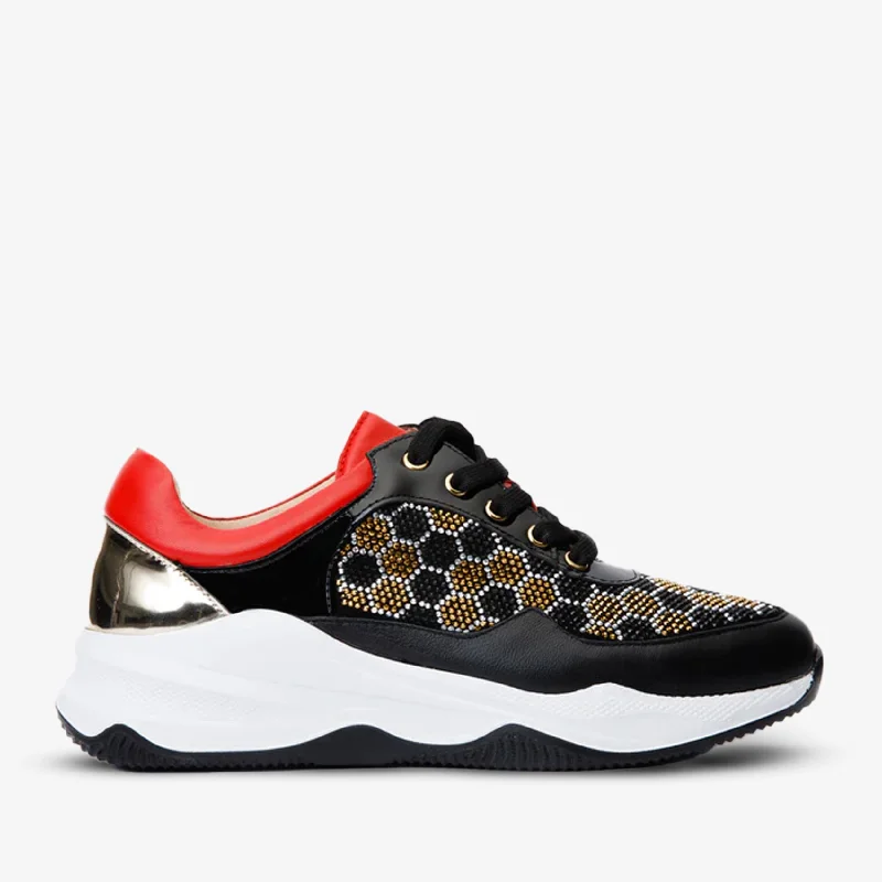 Stylish and supportive women's shoes for high archesThe Opuwo Black & Gold Glitter Women Sneaker
