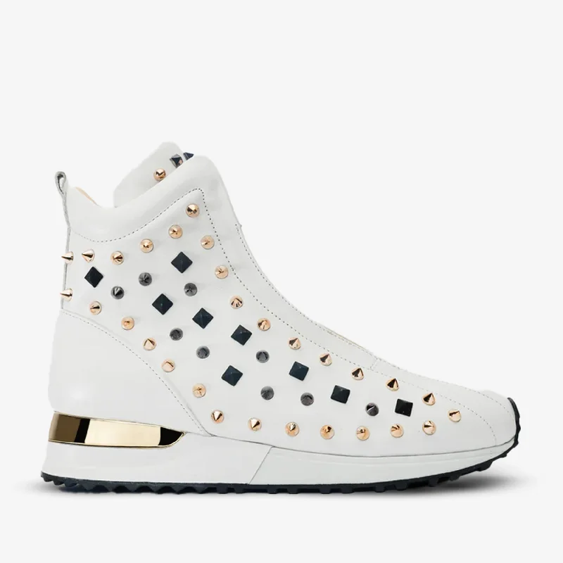 Stylish and affordable women's shoesThe Infanta High-Top White Spike Leather Women Sneaker Limited Edition Stylish and affordable women's shoesThe Infanta High-Top White Spike Leather Women Sneaker Limited Edition