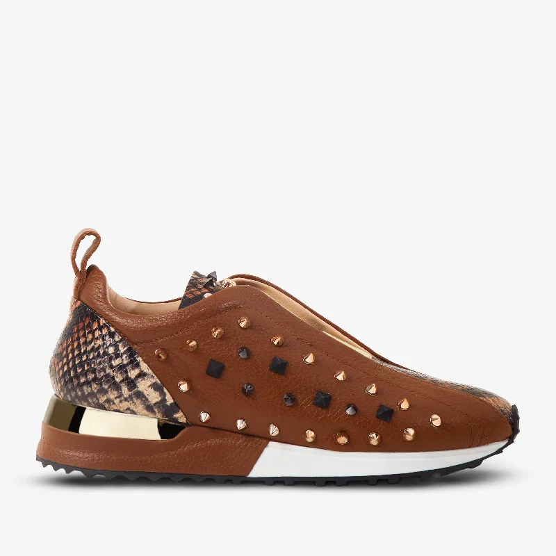 Comfy and stylish women's shoes for flat feetThe Infanta Tan  Spike Leather Women Sneaker Limited Edition
