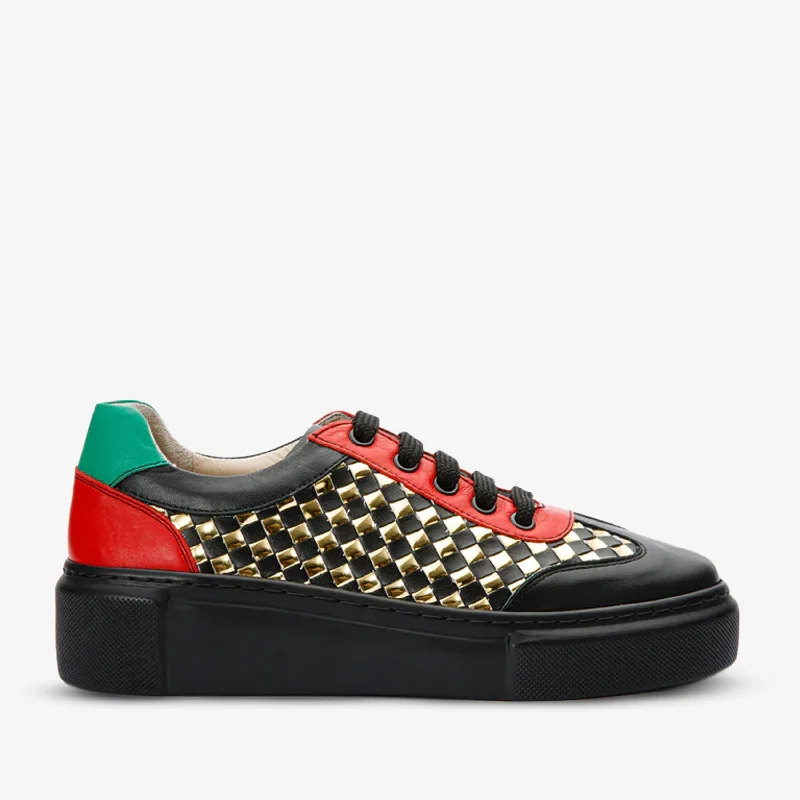 Comfy and stylish women's shoes for walkingThe Messina Black & Gold Woven Leather Women Sneaker Final Sale! Comfy and stylish women's shoes for walkingThe Messina Black & Gold Woven Leather Women Sneaker Final Sale!