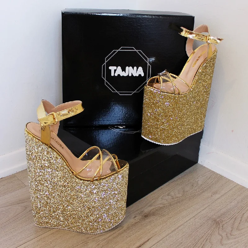 Comfy and stylish women's shoes for everyday comfort30 cm Gold Shiny Platforms High Heeles Wedge Comfy and stylish women's shoes for everyday comfort30 cm Gold Shiny Platforms High Heeles Wedge