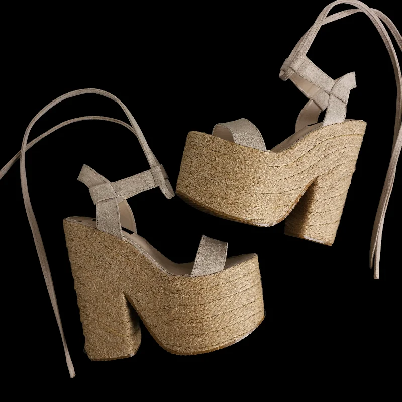 Comfy and stylish women's shoes for lounging around the houseBeige Espadrille High Heel Wedge Platfrom Sandals Lace Up