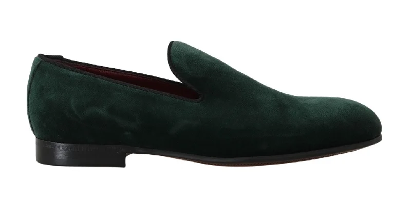 Comfy and stylish women's shoes for lounging around the houseDolce & Gabbana Elegant Green Suede Slip-On Women's Loafers Comfy and stylish women's shoes for lounging around the houseDolce & Gabbana Elegant Green Suede Slip-On Women's Loafers