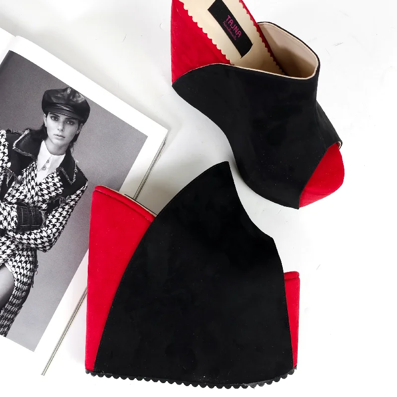 Chic and minimalist women's footwear trendsBlack Red Suede High Heel Wedge Platform Slide Sandals