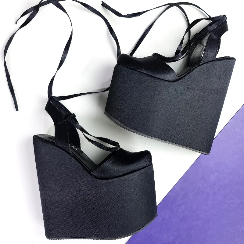 Comfortable yet fashionable women's shoesBlack Satin Wedge Ballerina Lace Up Sandals Comfortable yet fashionable women's shoesBlack Satin Wedge Ballerina Lace Up Sandals
