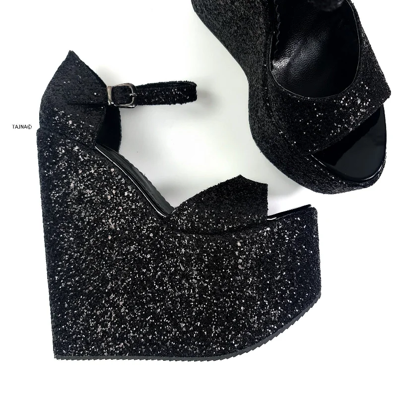 Flattering and figure-hugging women's footwearBlack Sparkle  Wedge Platform Sandals