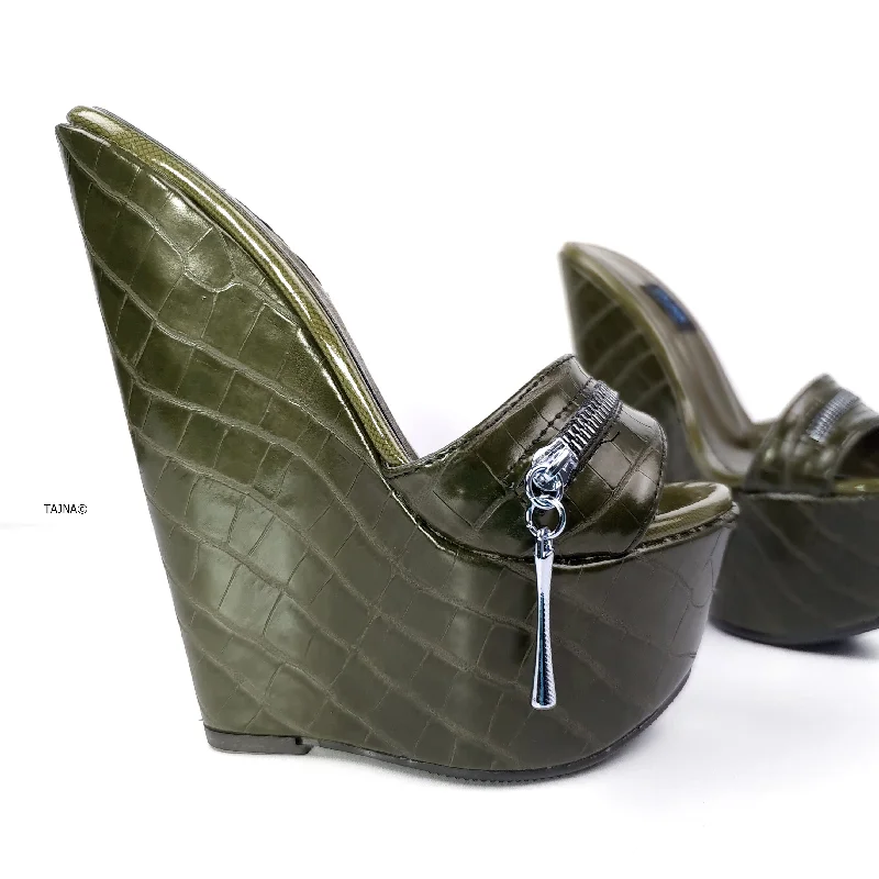 Chic and trendy women's shoes for the officeDark Green Croco Print High Heel Mules
