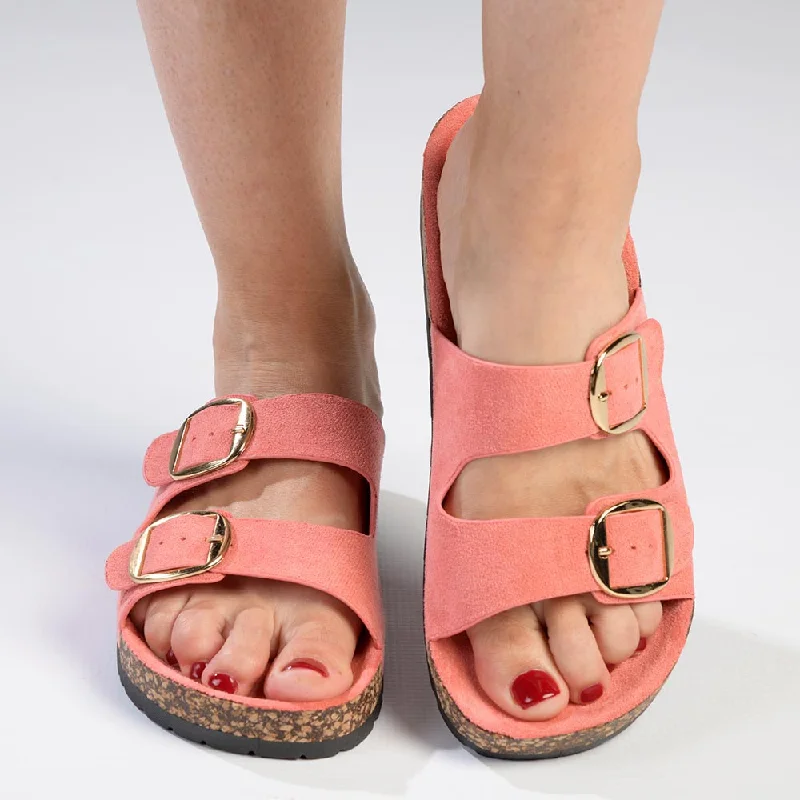 Comfy and stylish women's shoes for lounging around the houseMadison 2 Buckle Comfort BF Sandals - Coral Comfy and stylish women's shoes for lounging around the houseMadison 2 Buckle Comfort BF Sandals - Coral