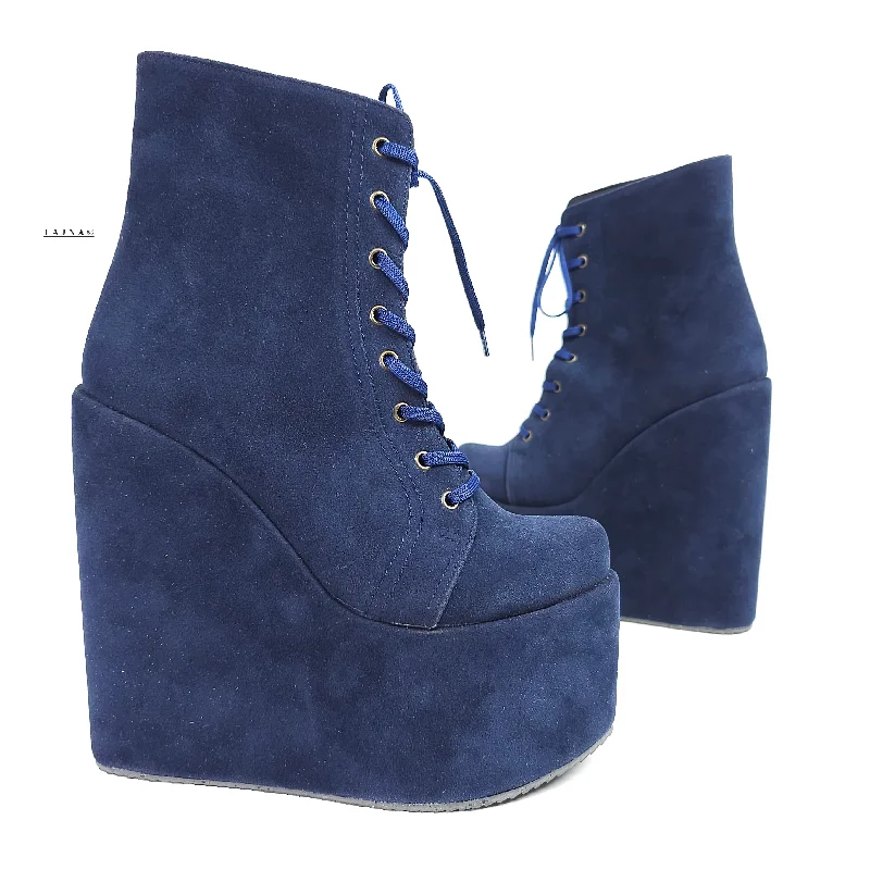 Flattering and figure-hugging women's footwearNavy Blue Lace Up High Heel Platform Wedge Ankle Boots Flattering and figure-hugging women's footwearNavy Blue Lace Up High Heel Platform Wedge Ankle Boots