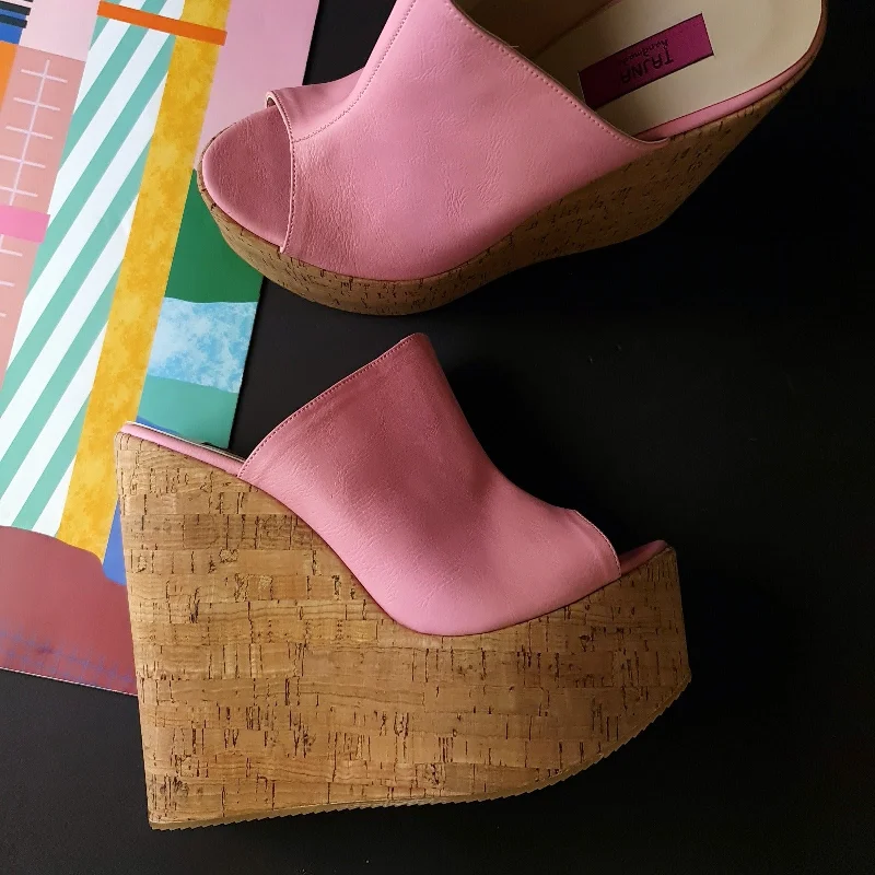 Bold and striking women's shoe fashionsPink Cork Wedge Platform Mules