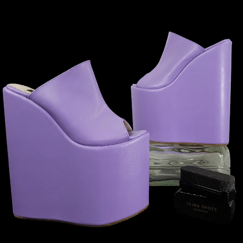 Comfy and stylish women's shoes for flat feetPurple Violet Peep Toe Platform Wedge Slide Sandals