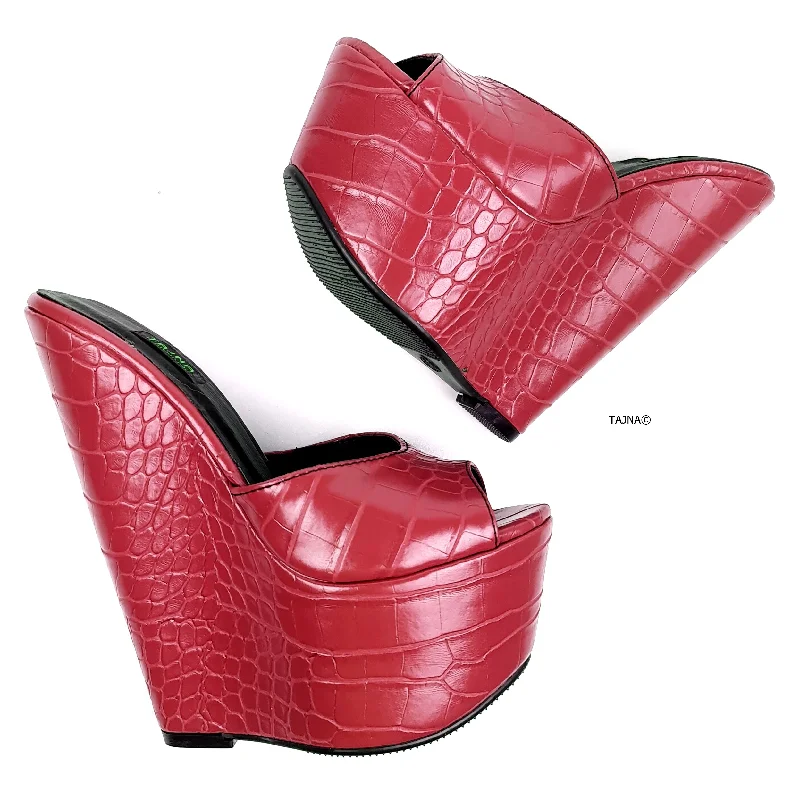 Timeless classic women's shoe designsRed Croco Print High Heel Mules