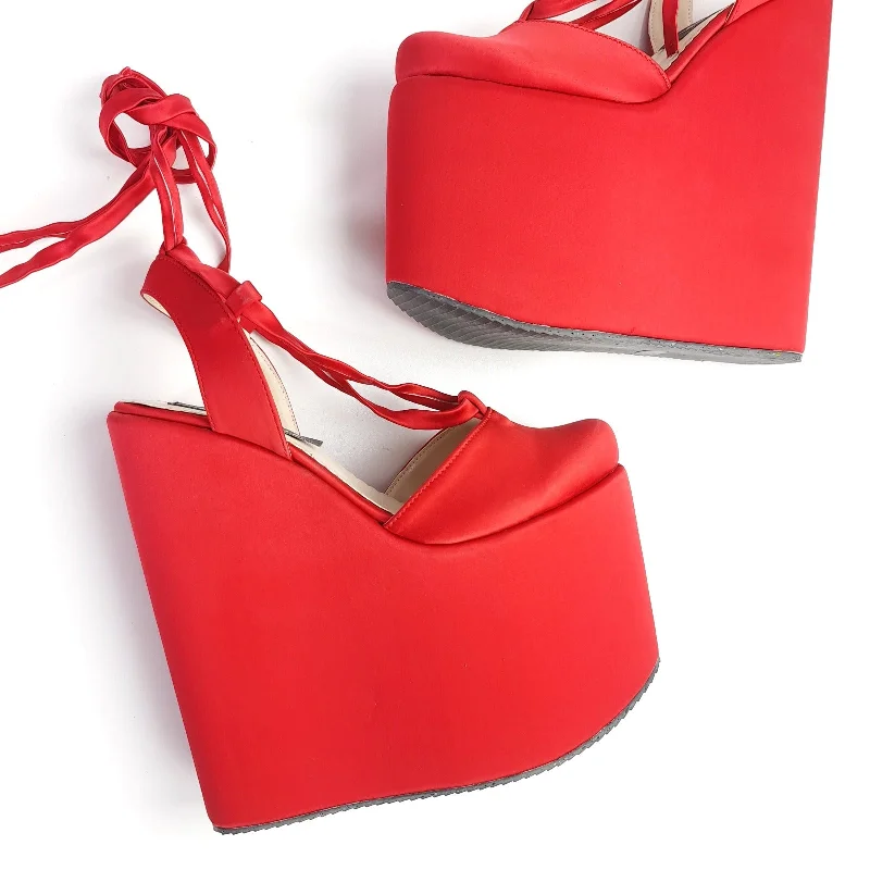 Comfy and stylish women's shoes for lounging around the houseRed Satin Wedge Ballerina Lace Up Sandals Comfy and stylish women's shoes for lounging around the houseRed Satin Wedge Ballerina Lace Up Sandals