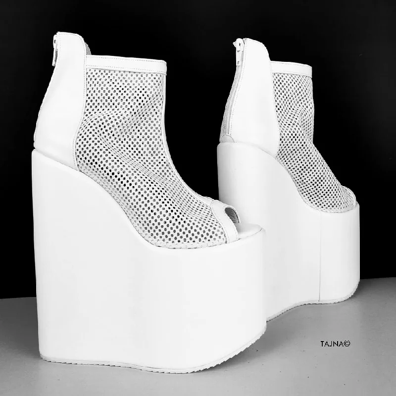 Chic and sophisticated women's footwear for workWhite Fishnet Peep-toe Wedge Platform Boots Chic and sophisticated women's footwear for workWhite Fishnet Peep-toe Wedge Platform Boots