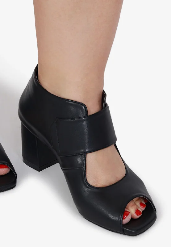 Exotic and bold women's shoe designsNancy Peep Toe Velcro Strap Boots - Black